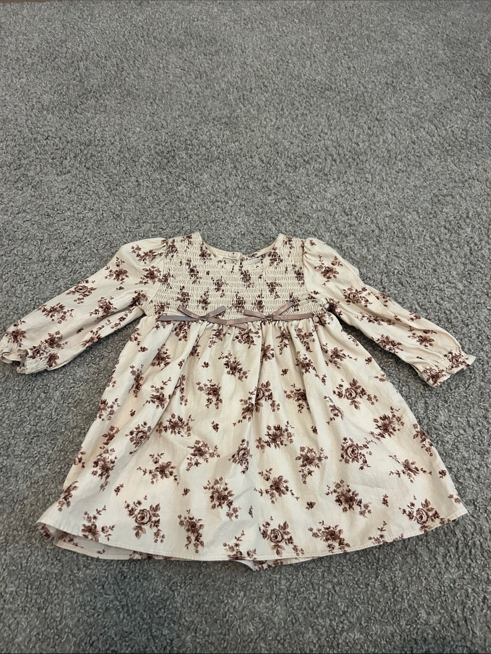 Cream Floral Smocked Long-Sleeve Kids Dress with Brown Print